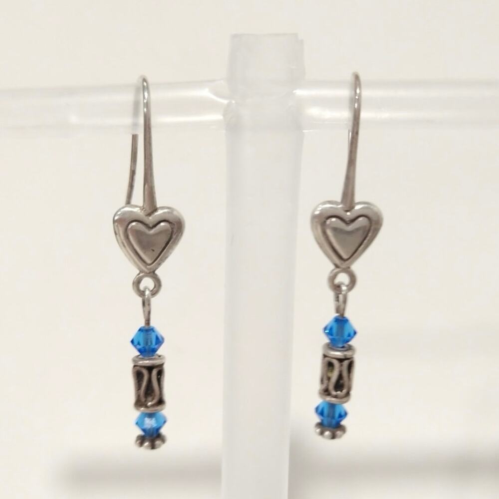 Vtg 925 Sterling Silver Hearts Dangle Drop Earrings Royal Blue Crystal Signed